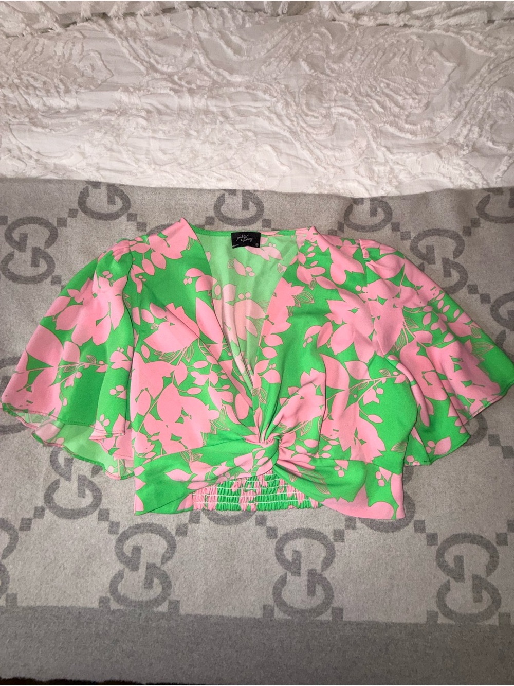 Milk & Honey Floral Twist-Front Flutter Sleeve Top - Pink & Green